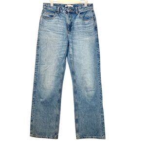 ZARA 100% Cotton Whiskering High Rise Wide Leg Jeans Light Blue Size 8